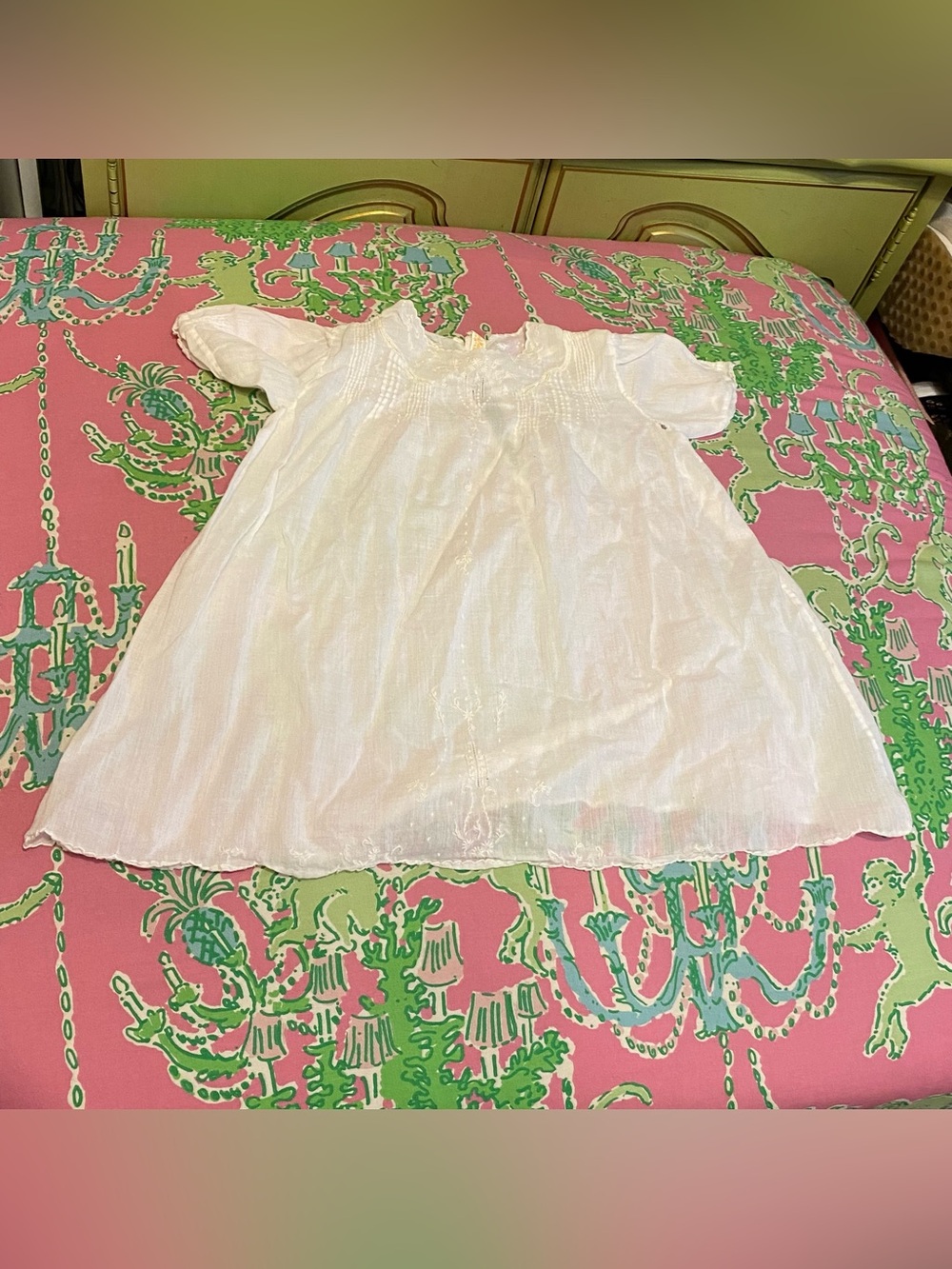 Antique Vintage Hand Made Imported white cotton embroidered floral baby dress